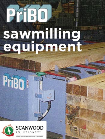 PriBO sawmilling equipment logo against logs.